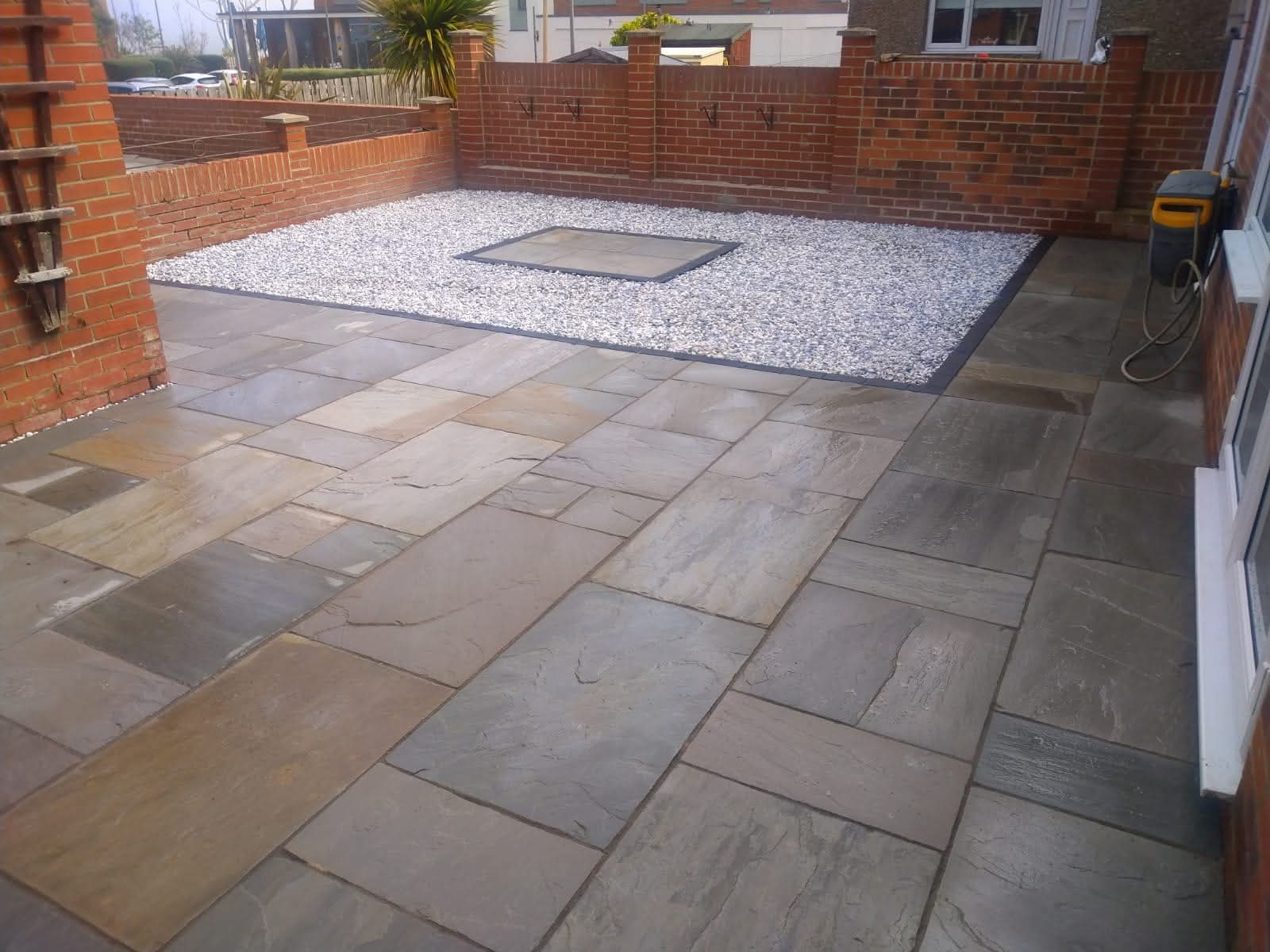 Completed Indian sandstone patio with Raj Green colour scheme by E.R.D Paving in the North East